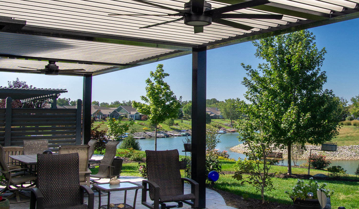 Super Pergola with dual center beams. Luxury Pergola Structure overlooking water.