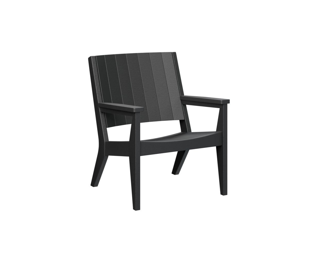 Black modern lounge chair with vertical slat back and angled arms