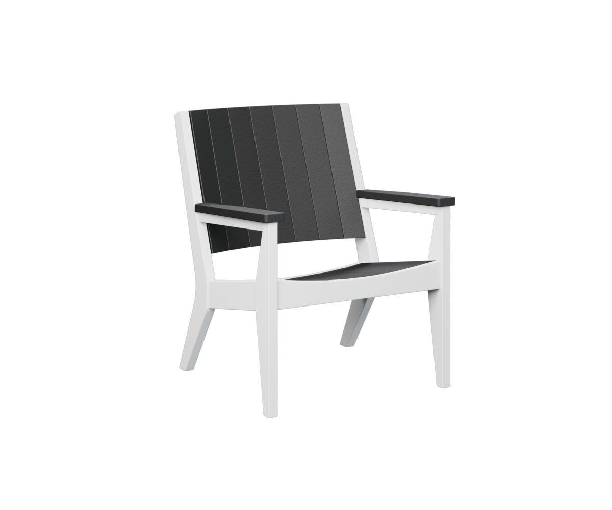 Brown wooden lounge chair with black metal frame detail