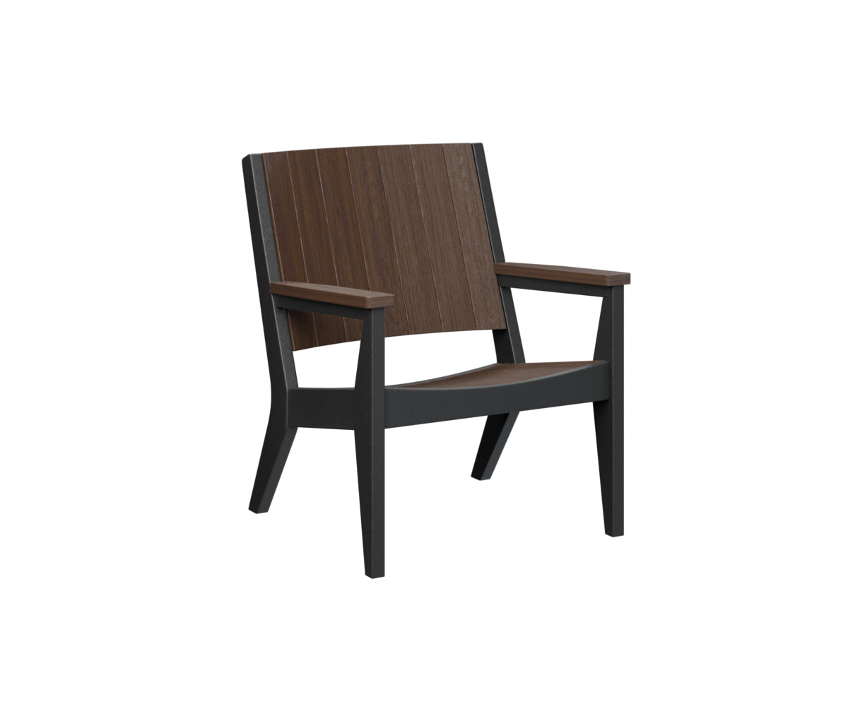 Dark charcoal wooden chair with black accents and open arms