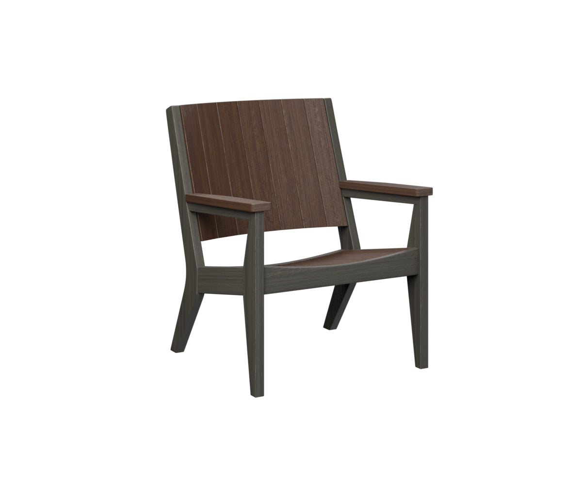 Brown and white outdoor lounge chair with slatted back