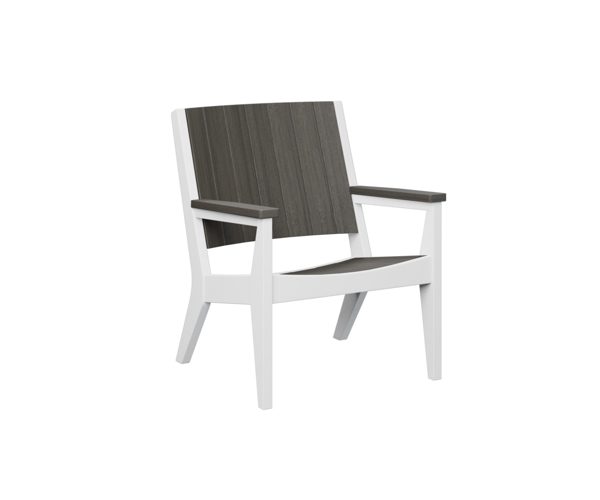Dark wood lounge chair with integrated armrests and slat back