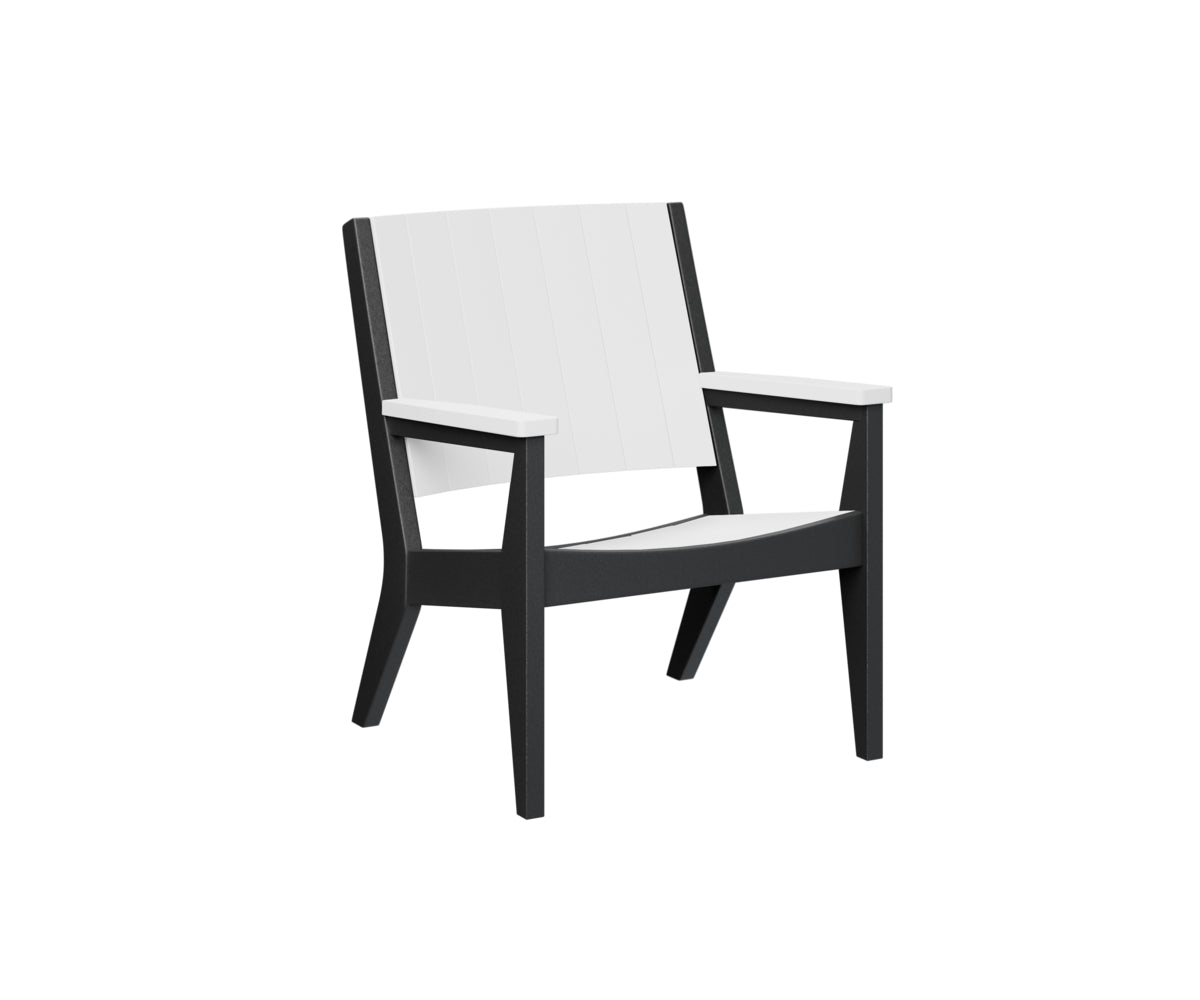 Black wooden chair with white seat cushion and open sides