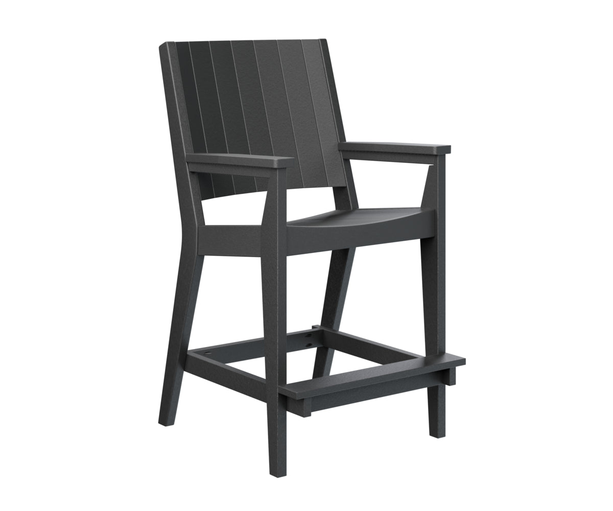 Dark charcoal bar stool with slatted back and wooden frame