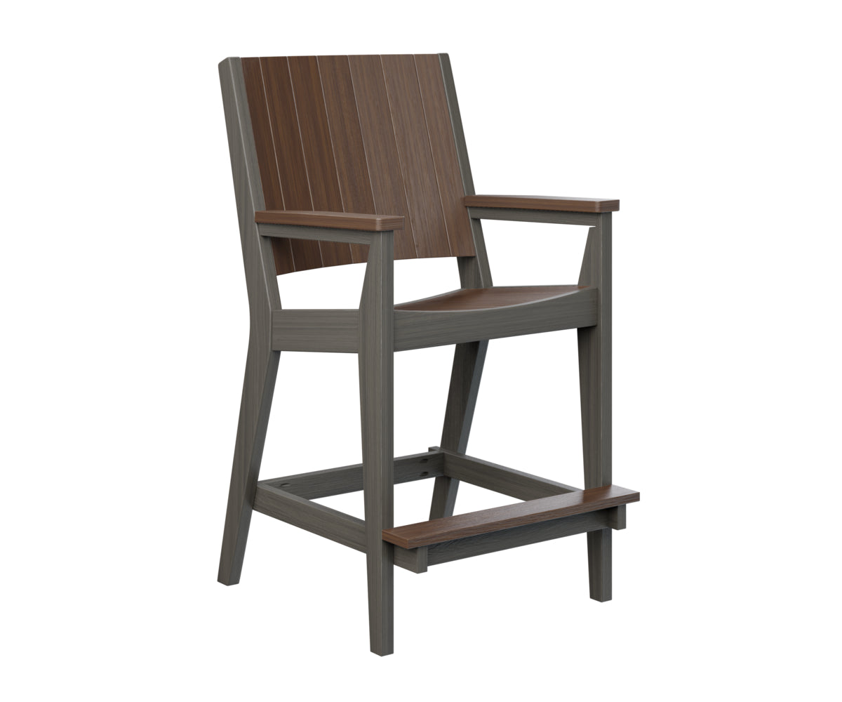 Brown bar-height glider chair with gray frame and slats