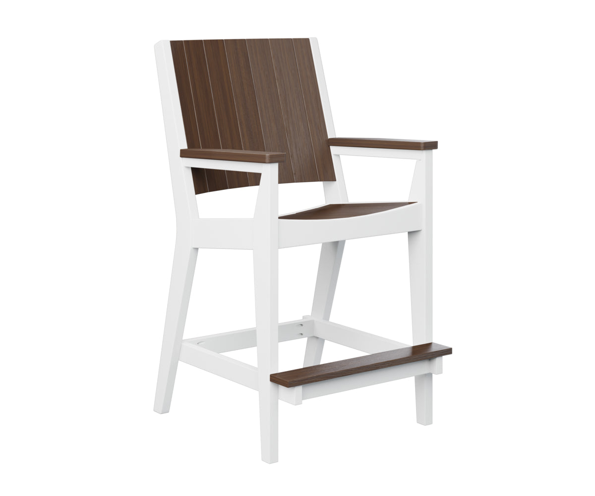 Gray bar-height glider with brown seat and back slats