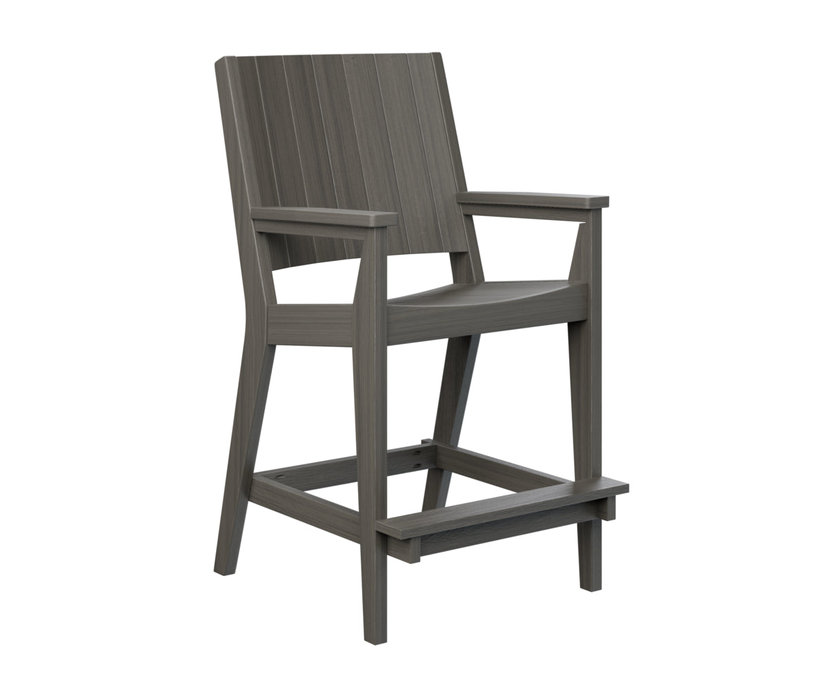 White wooden bar stool with light gray slatted back
