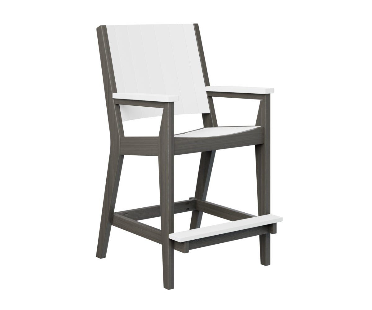 Gray wooden bar stool with white slatted back and white seat