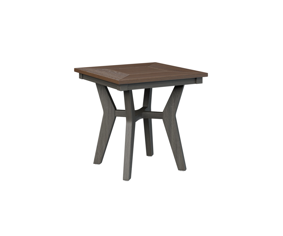 Square outdoor table with dark top and white pedestal base