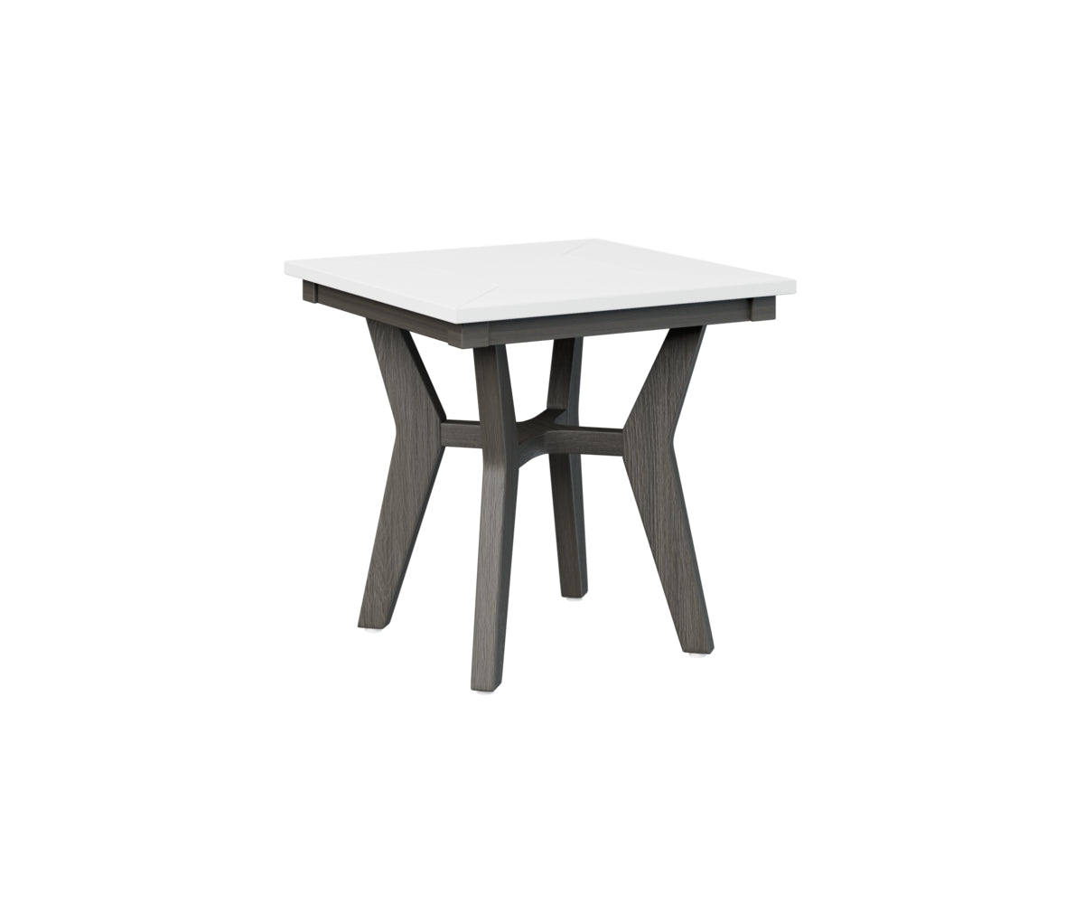 Square high-top table with brown wood top and gray base