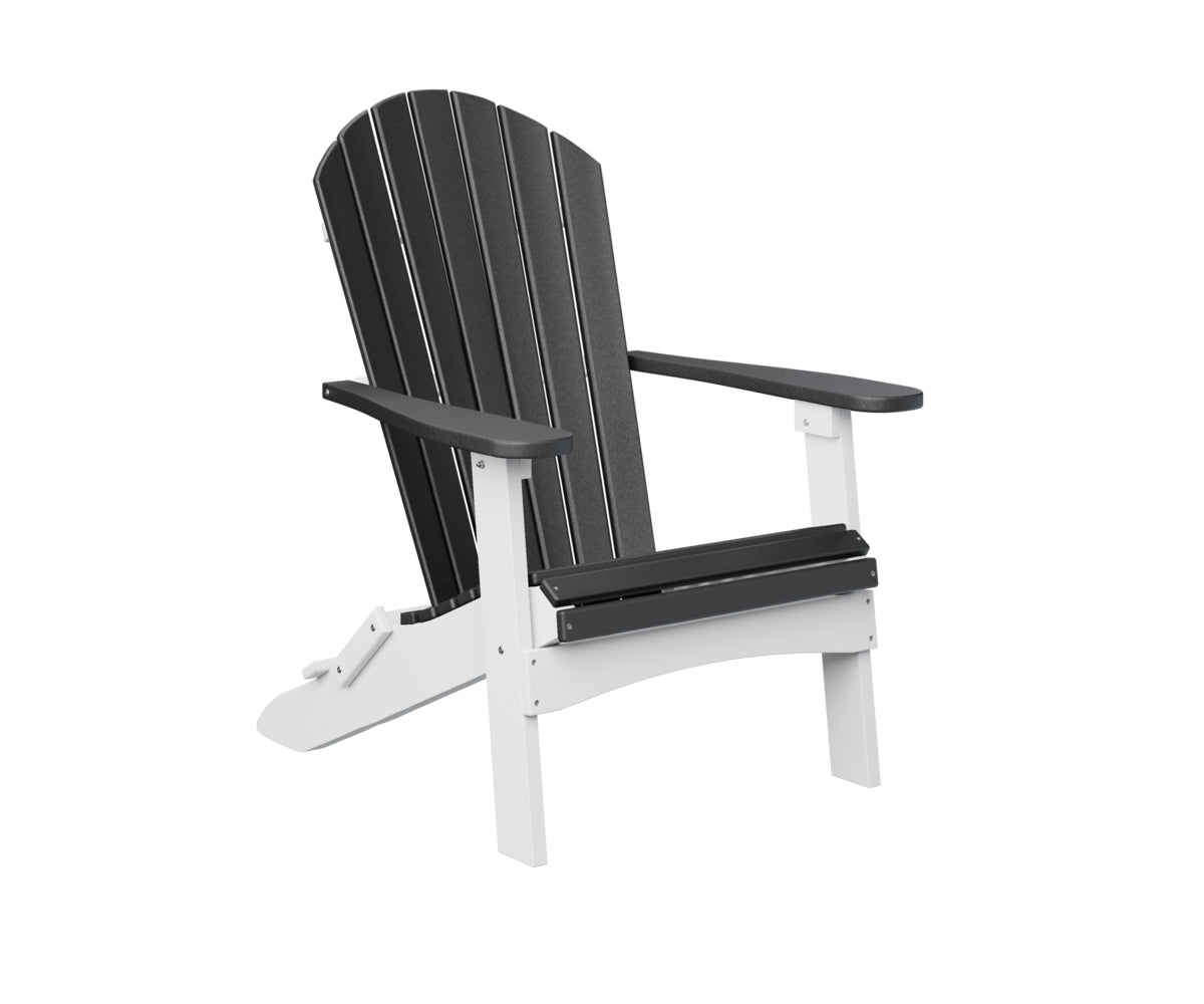 Dark gray Adirondack chair with white arm frames and dark seat