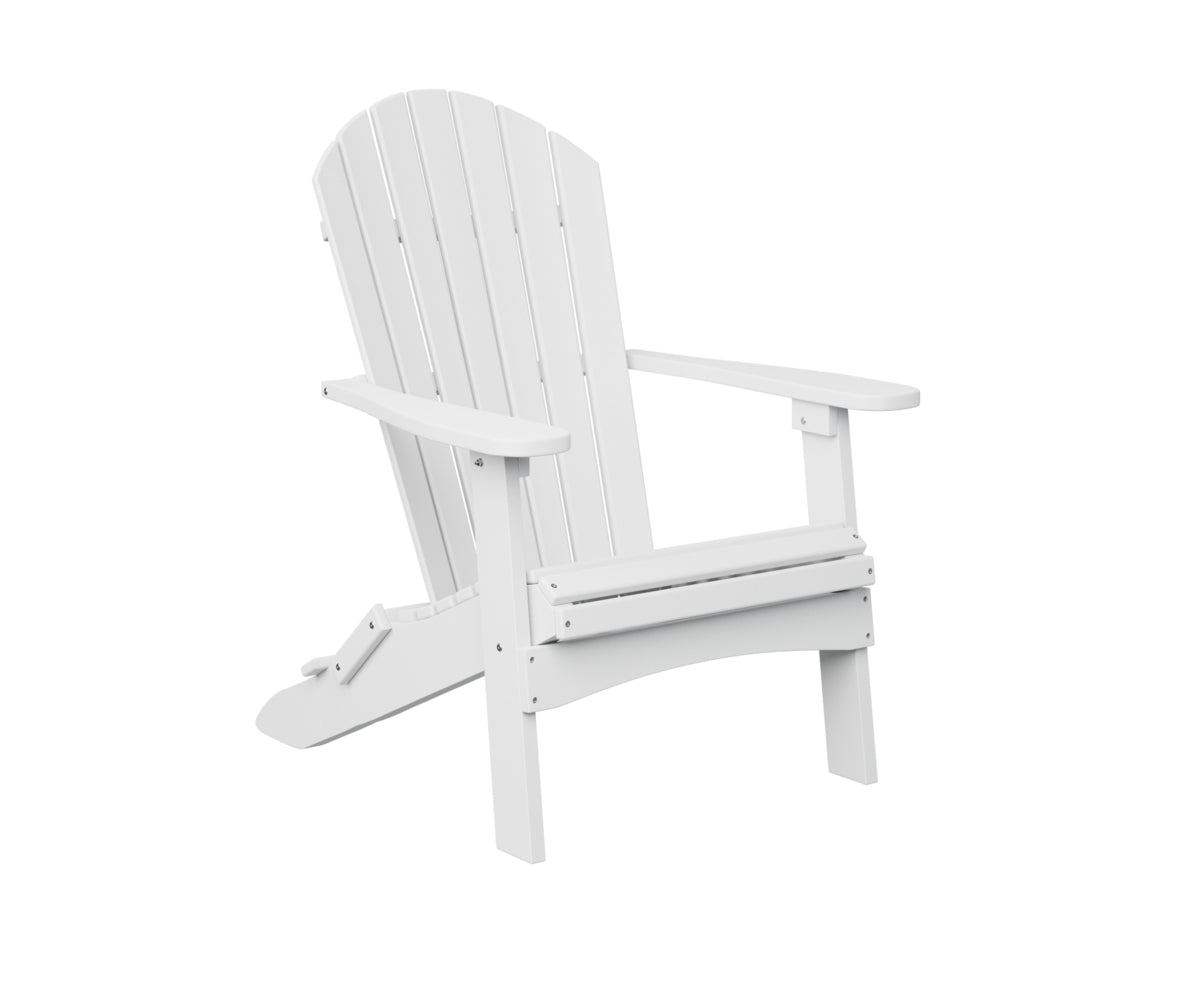 White adirondack chair with vertical slat back and armrests