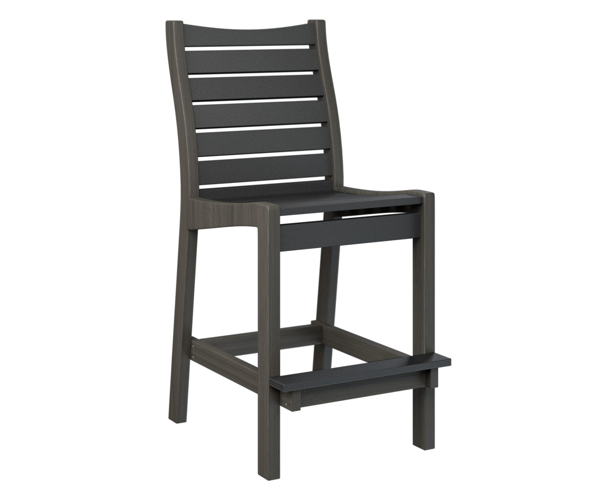 Outdoor bar chair with dark frame and gray and white slats