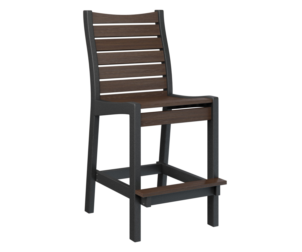 High-top outdoor bar chair with dark finish and slat back