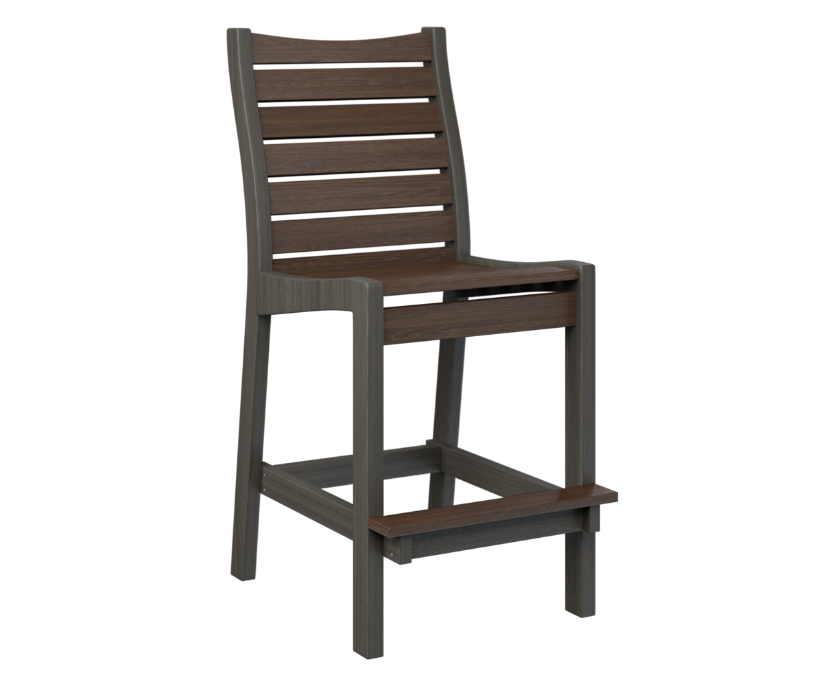 Outdoor bar height chair with dark finish and slatted back