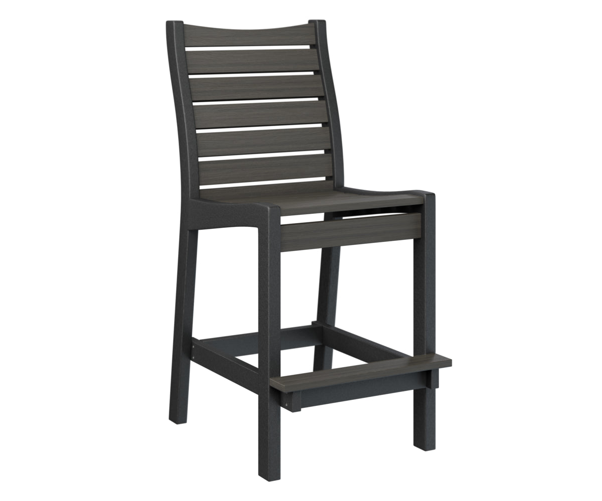 Outdoor counter-height stool with dark wood slats and frame