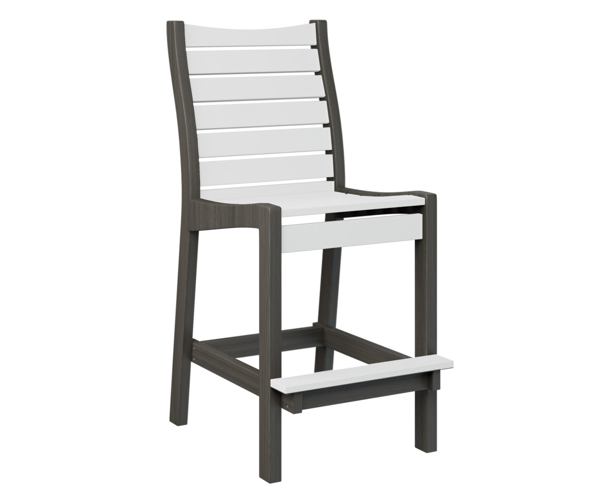 Outdoor bar stool with dark wood frame and slat seating