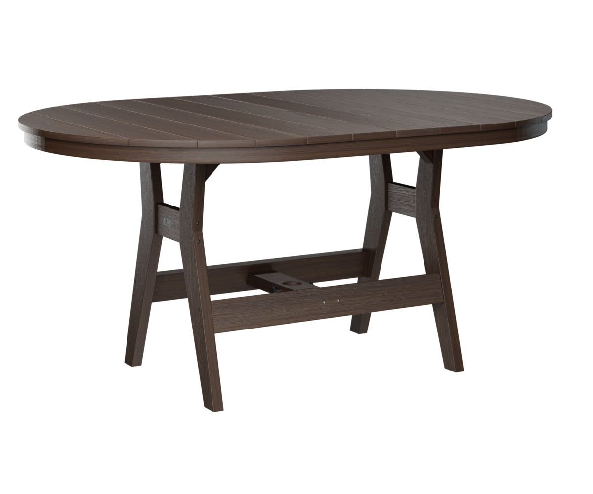 Dark brown oval table with wooden pedestal and support beam