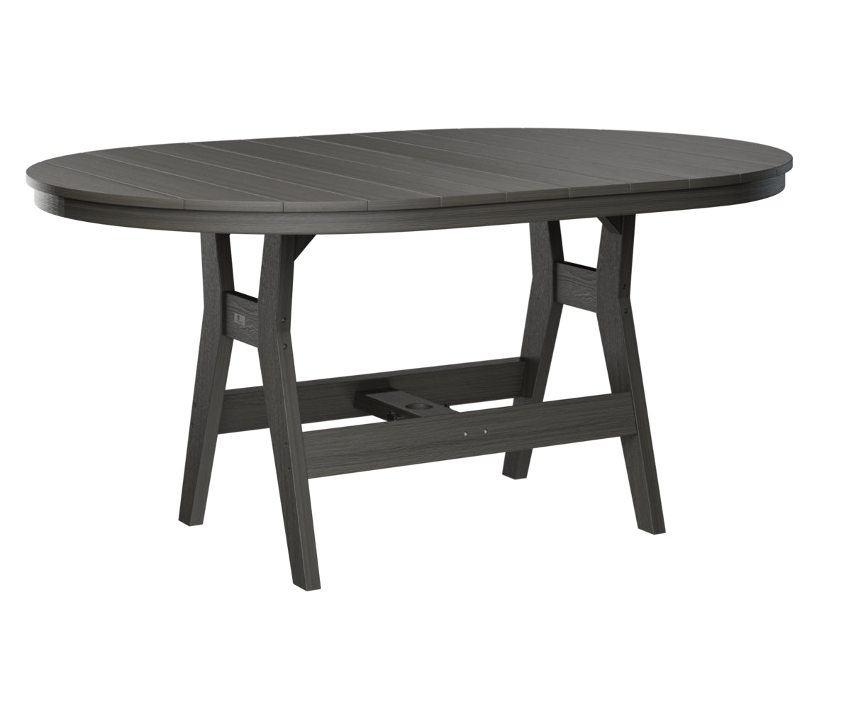 Gray-green round table with matching pedestal base and shelf