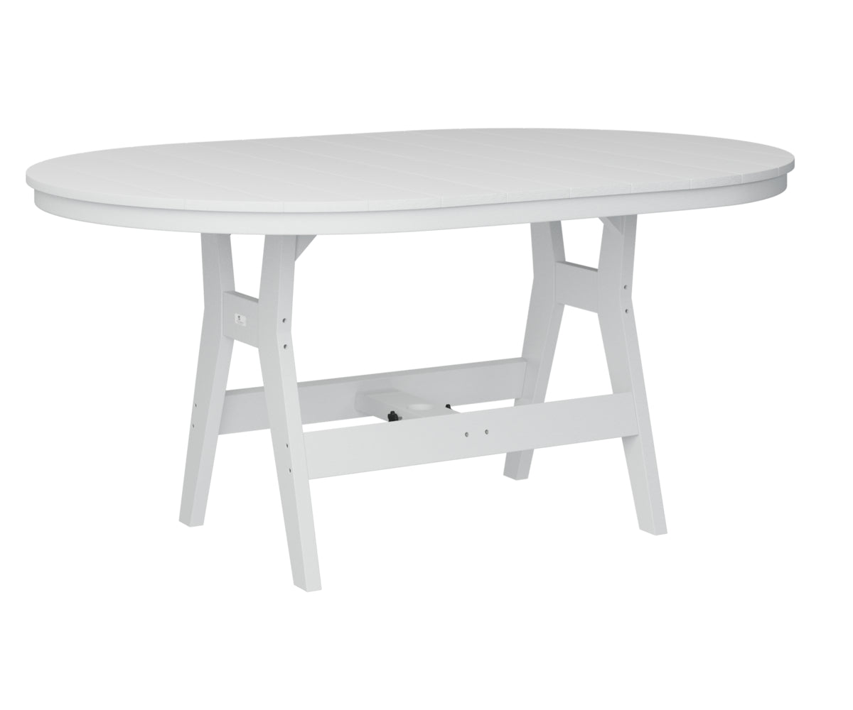 White round outdoor dining table with A-frame legs