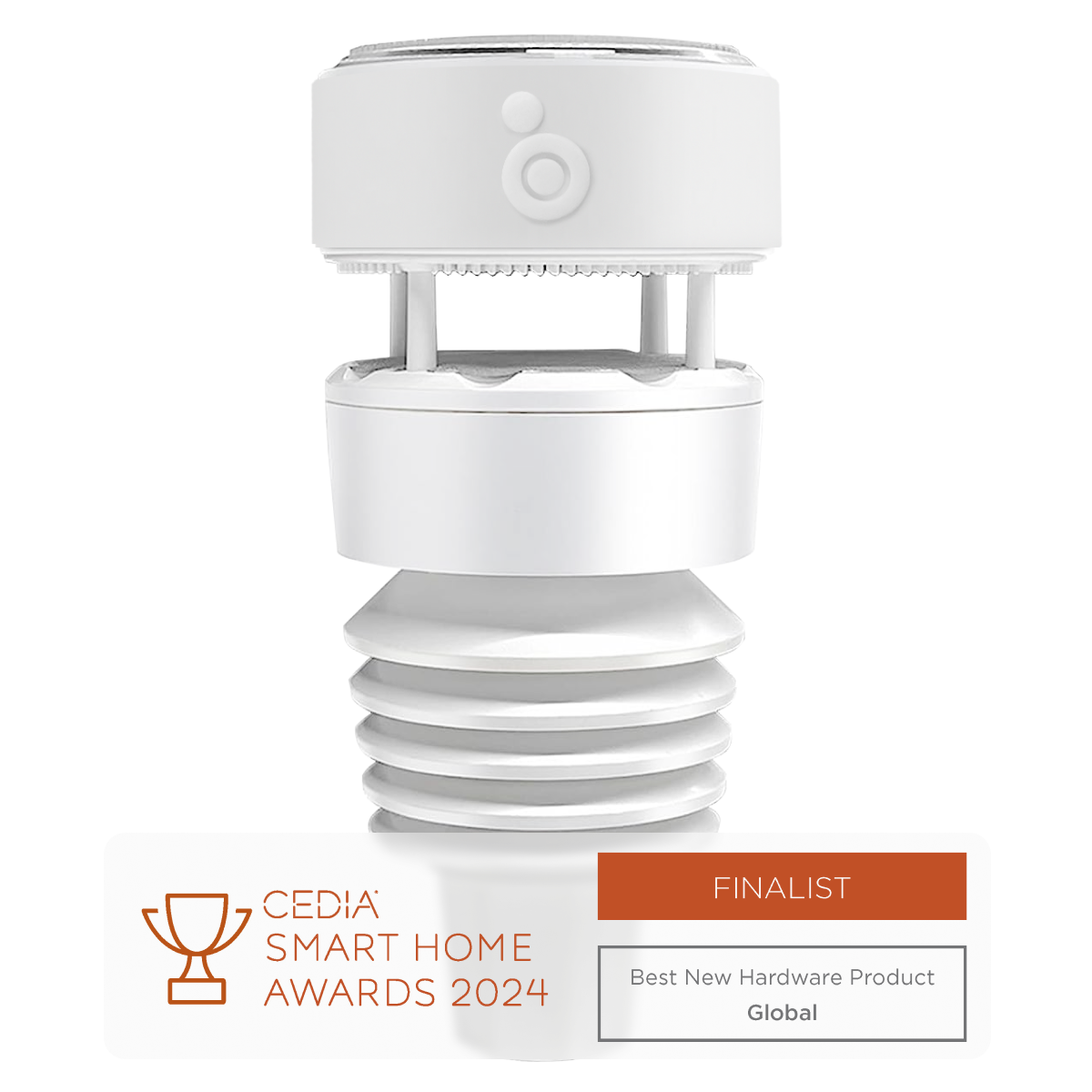 An image of the Breeze Pro device which is a white, cylindrical hardware product with a 'FINALIST' badge indicating it's a award nominee in the 'Best New Hardware Product' category for the CEDIA Smart Home Awards 2024.