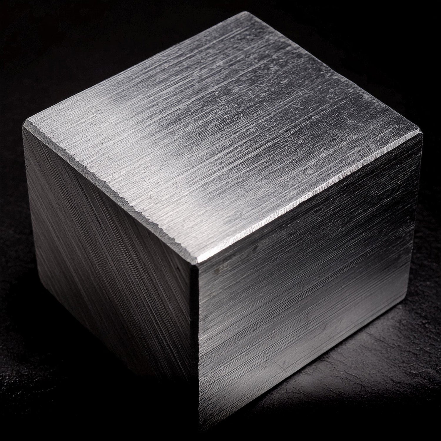 Brushed aluminum material sample cube showcasing premium metal finish