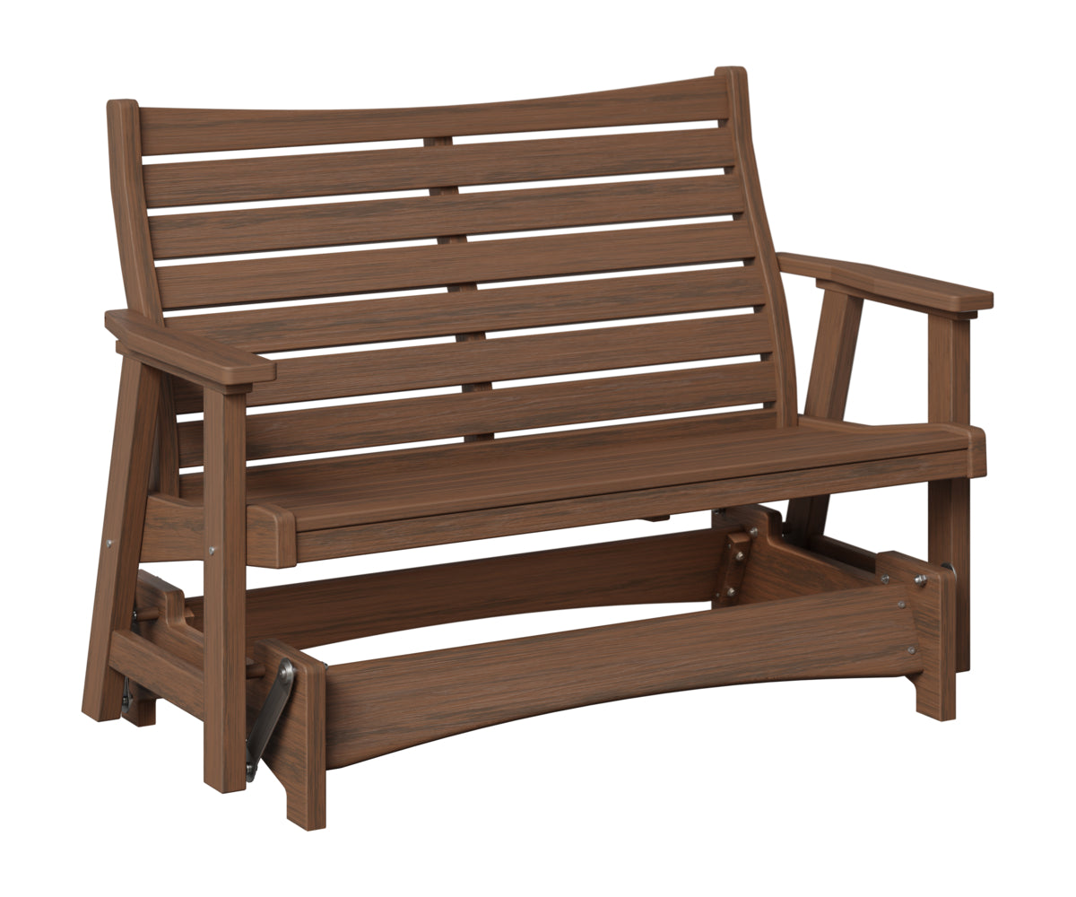 Gray glider bench with vertical back slats natural wood finish