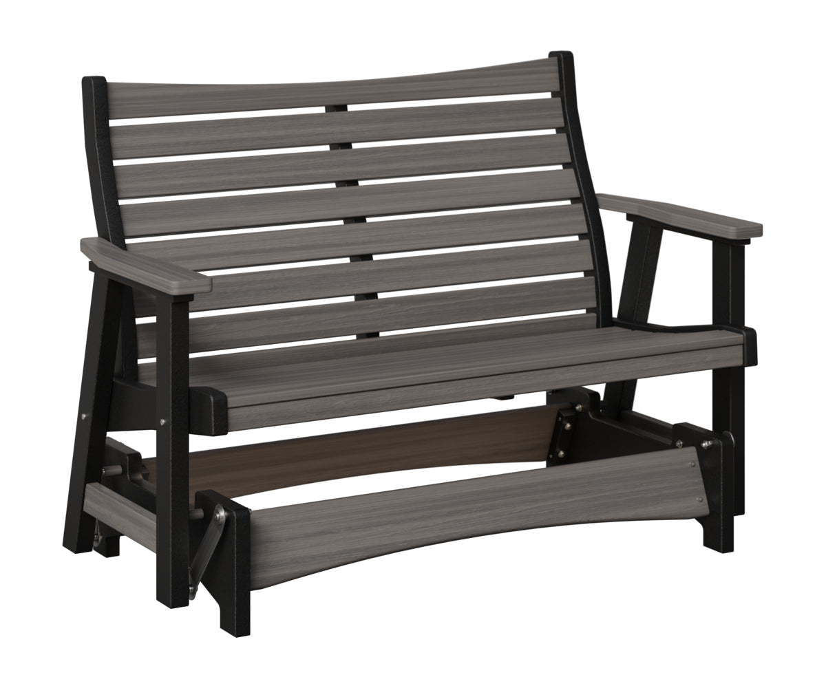 Gray glider bench with black frame and slat design