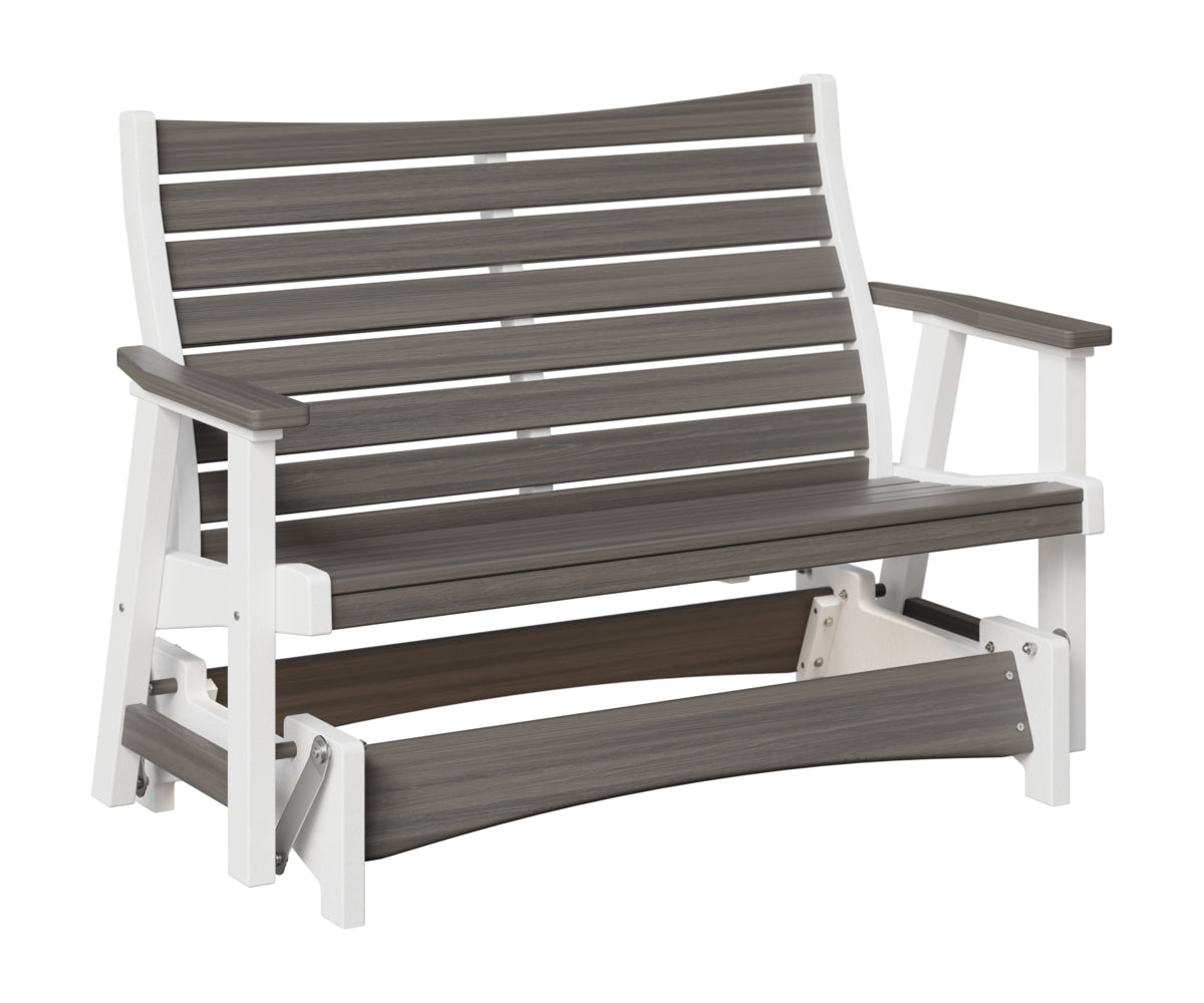 White glider bench with gray seat and back slats
