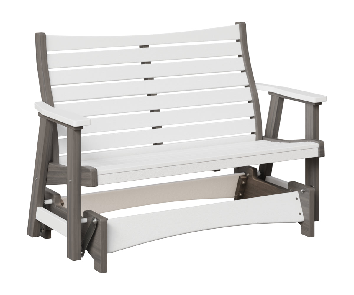 Black glider bench with vertical slat back design