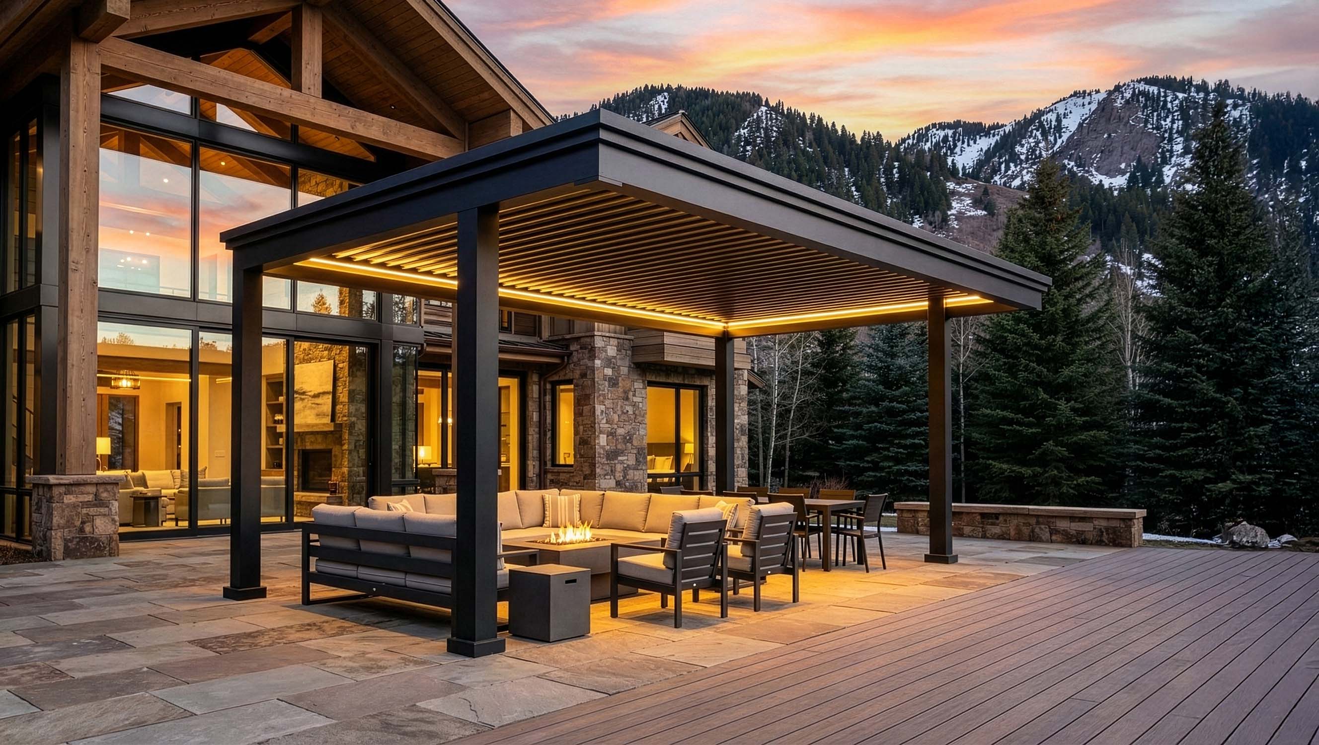 Outdoor patio area with furniture and a mountain view during sunset.