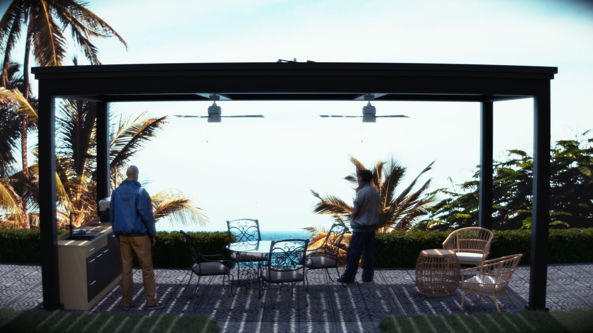 Two people standing under a pergola in an outdoor setting with palm trees and a clear sky.