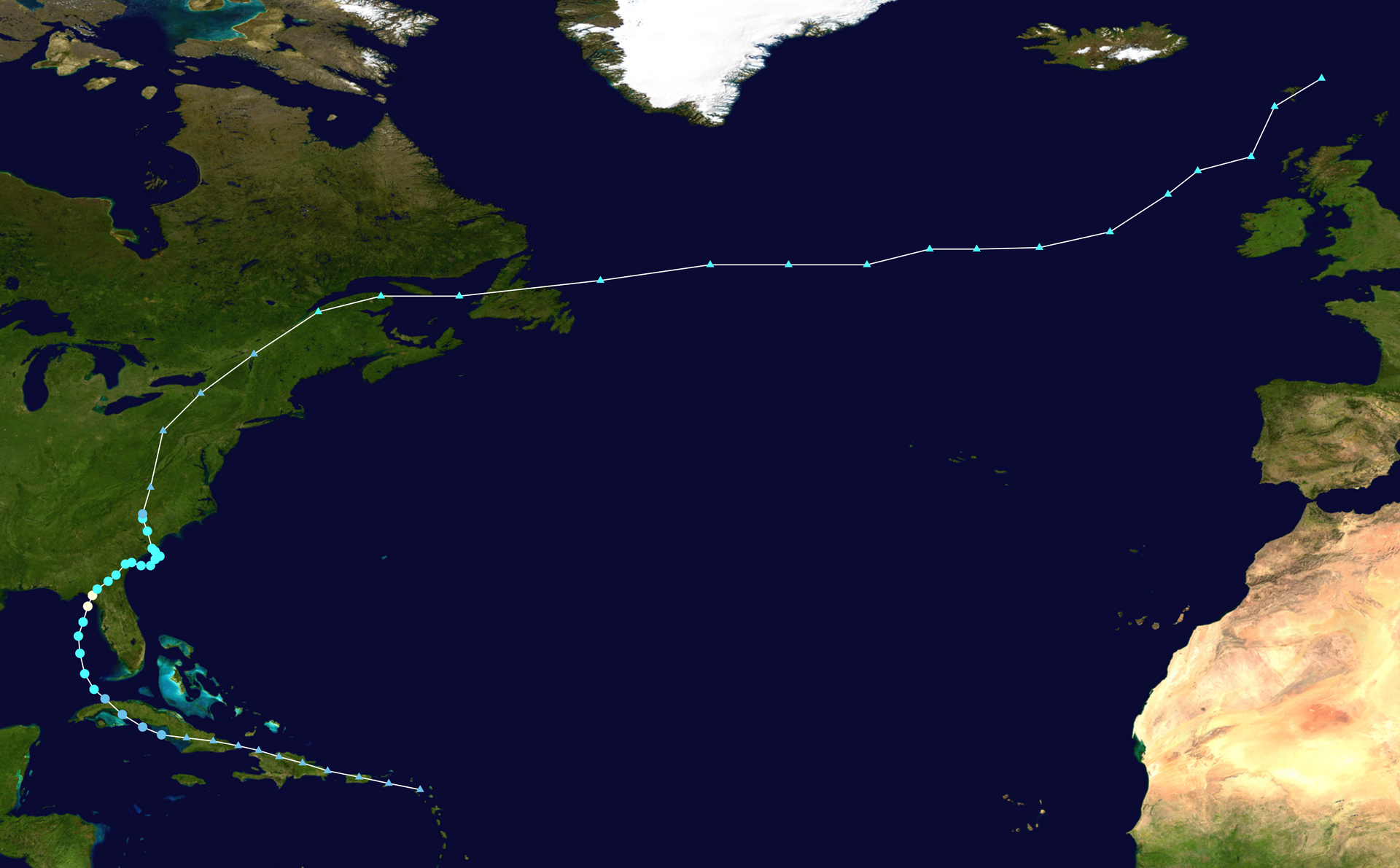 Path of hurricane Debby
