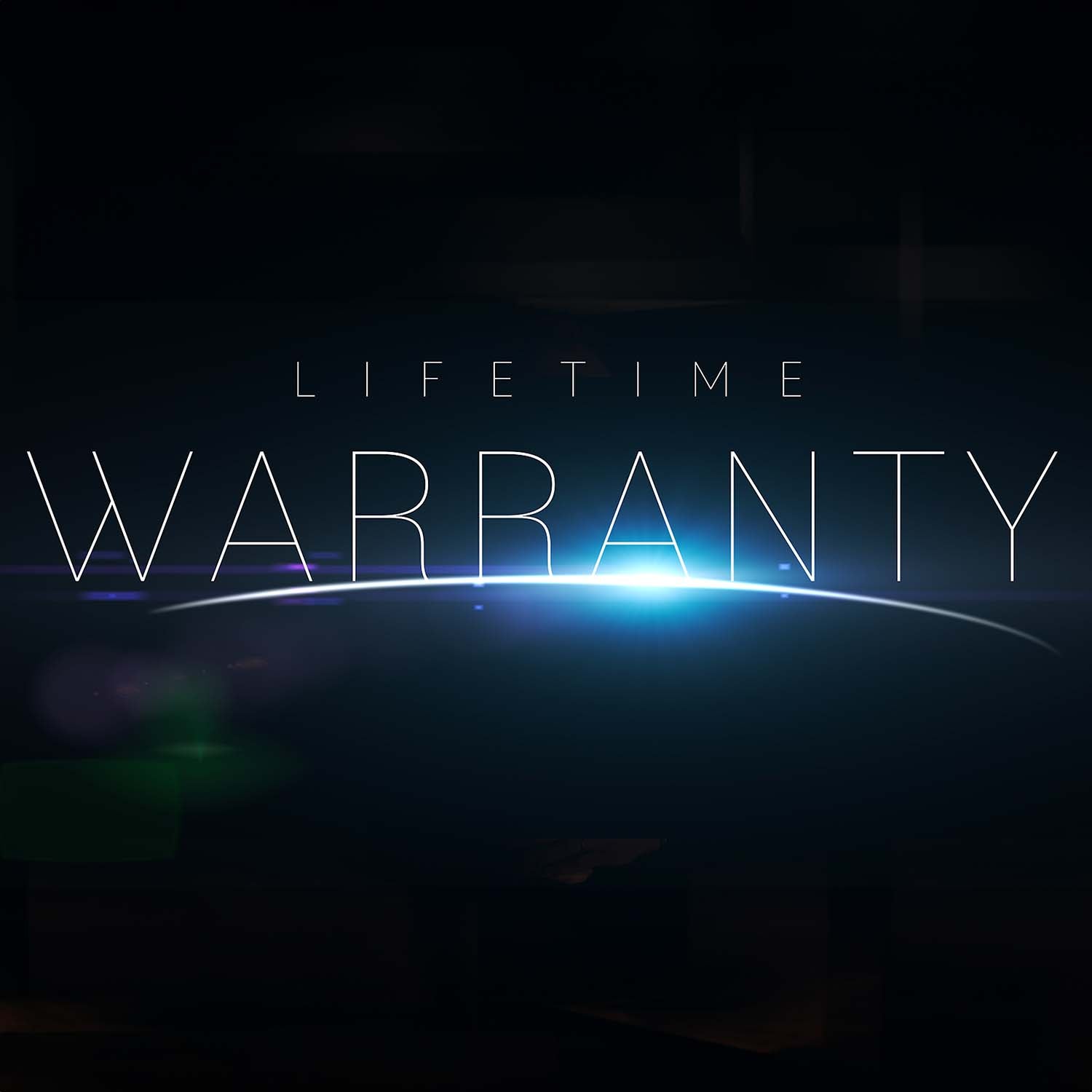 Lifetime warranty text on glowing blue light effect