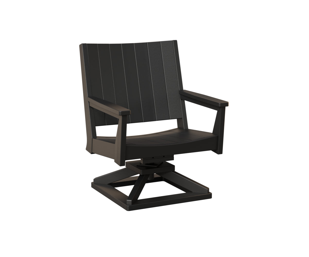 Olive green wooden swivel chair with vertical back slats
