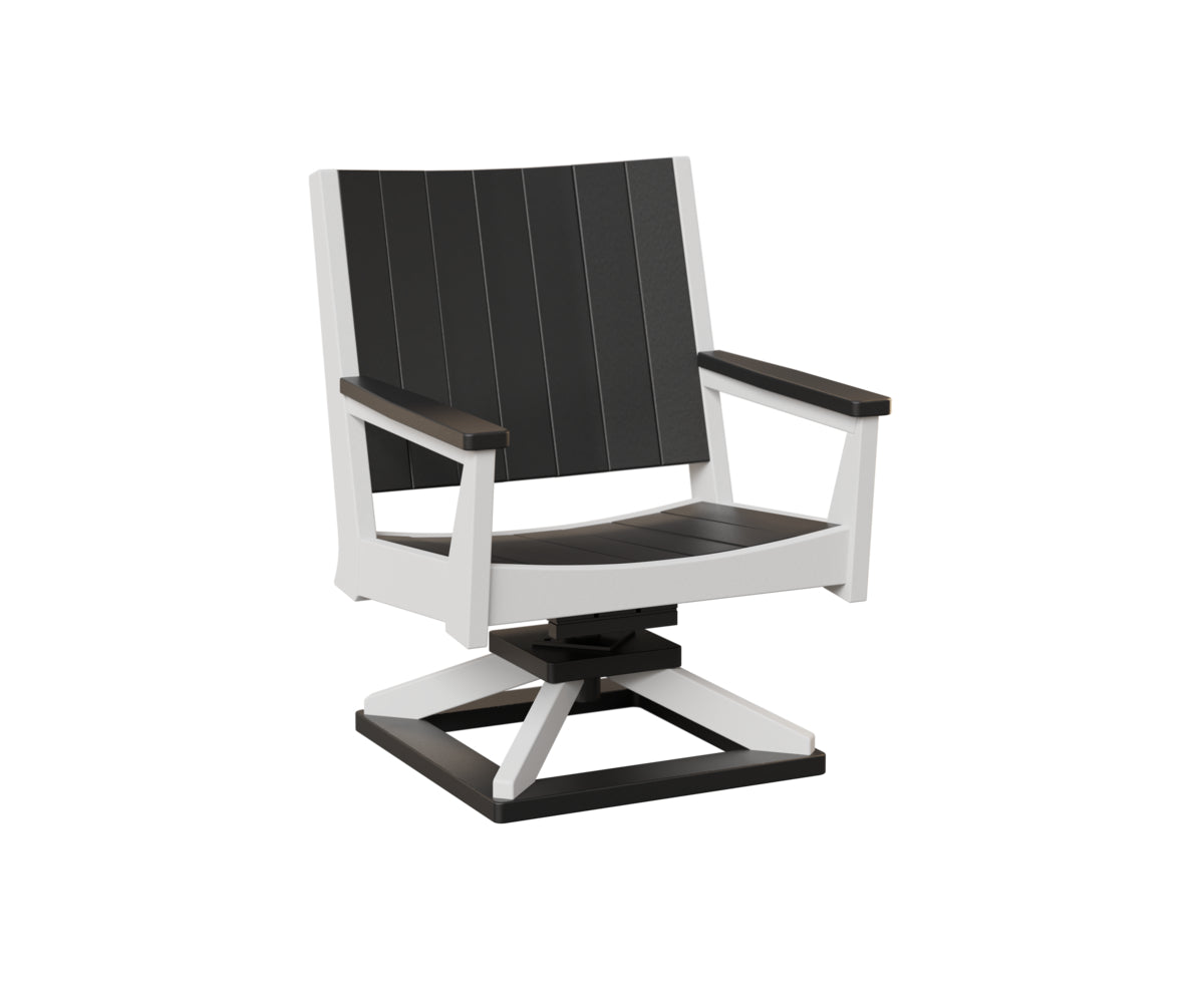 Light gray modern swivel chair with black accent slats