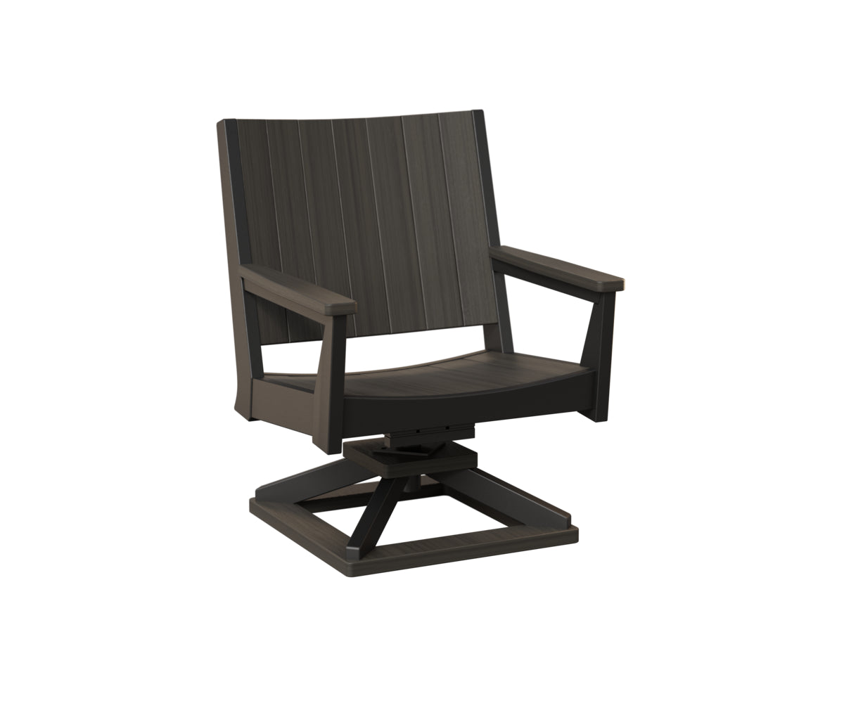 Medium gray swivel chair with white trim and black pedestal