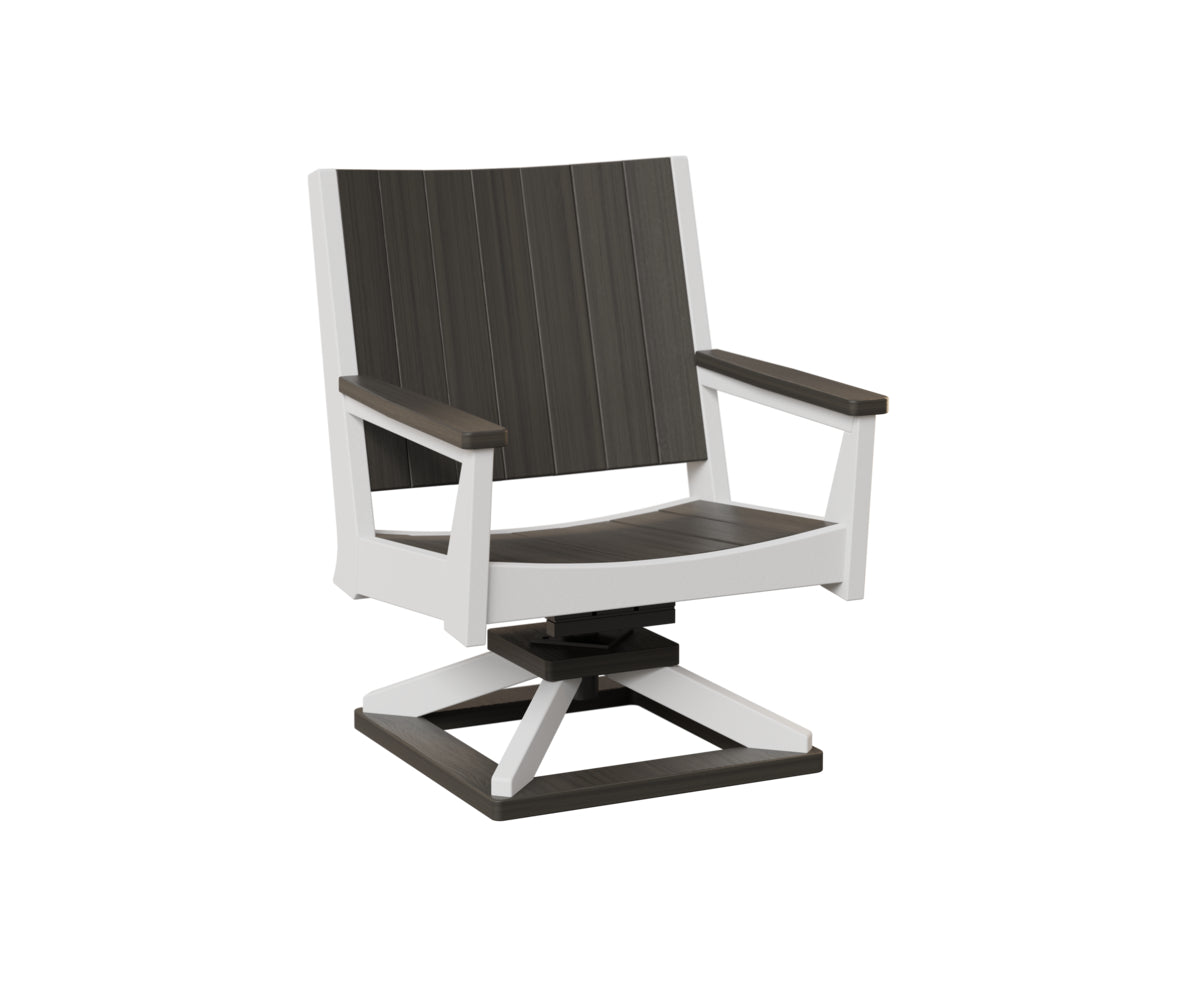 White modern swivel chair with dark wood back and metal base