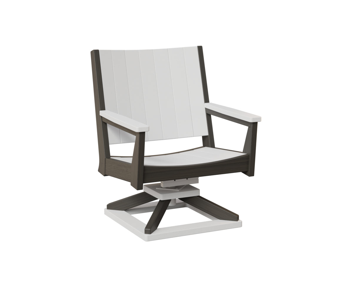 Rich dark wood swivel armchair with vertical slat design