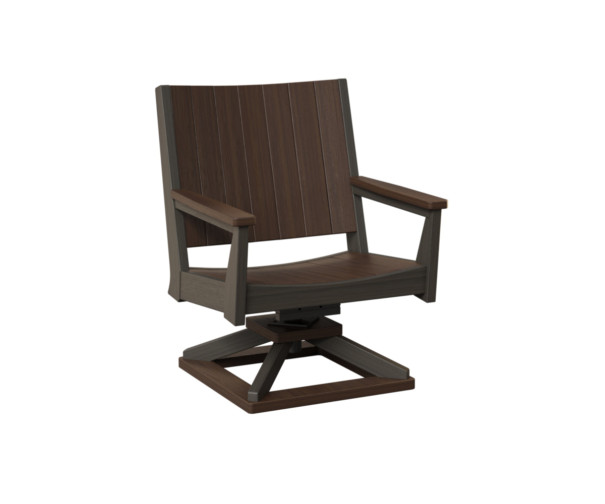 Swivel rocker chair with dark wood slat back and dark frame
