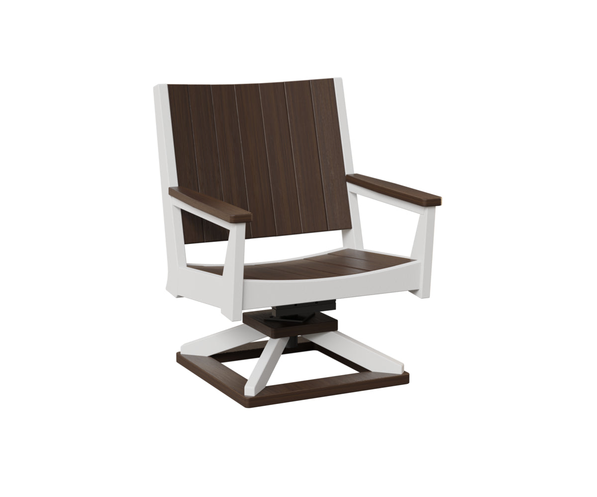 Swivel rocker chair with dark wood back and white wood frame
