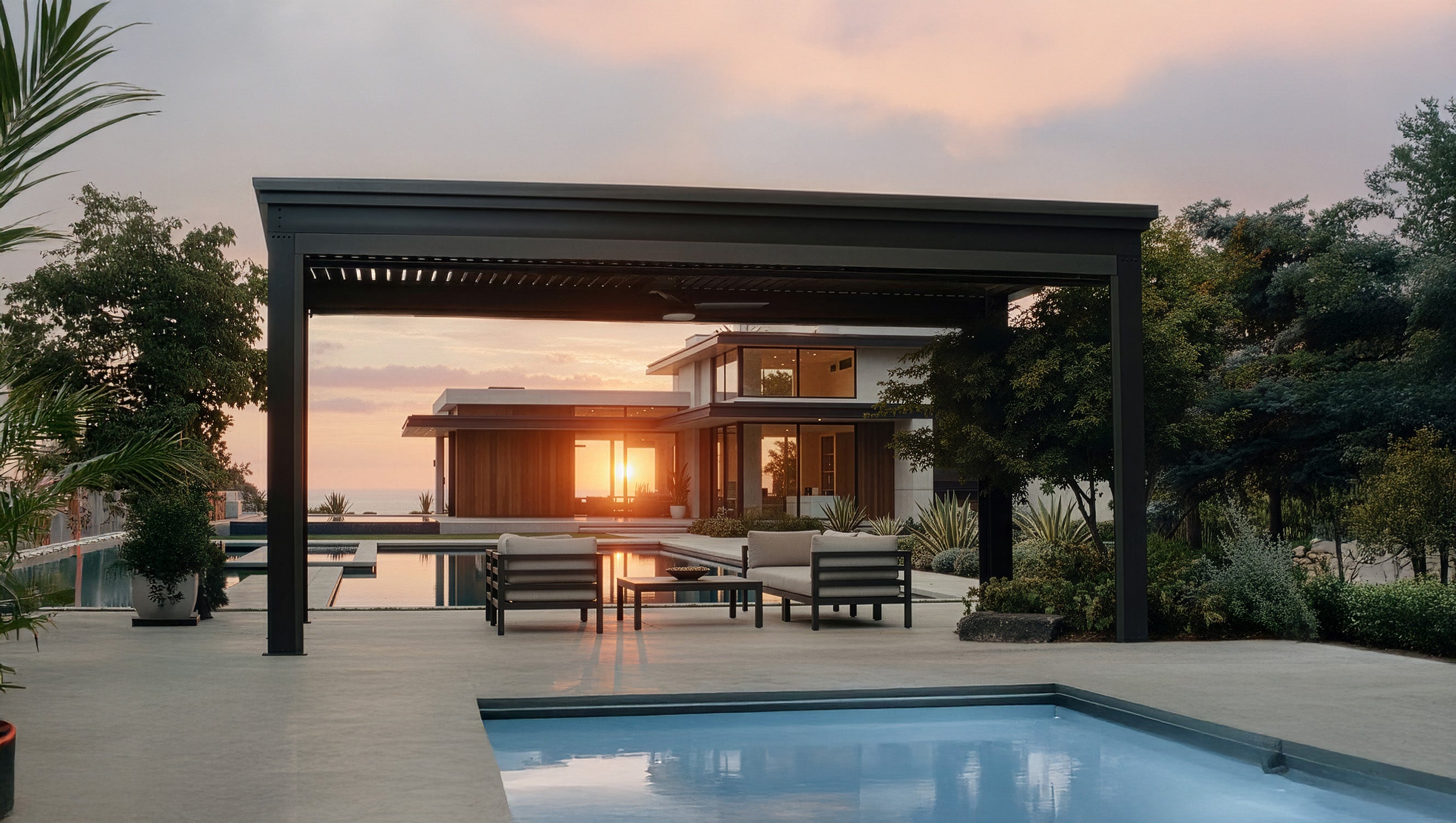 Modern house with a pool and pergola at sunset