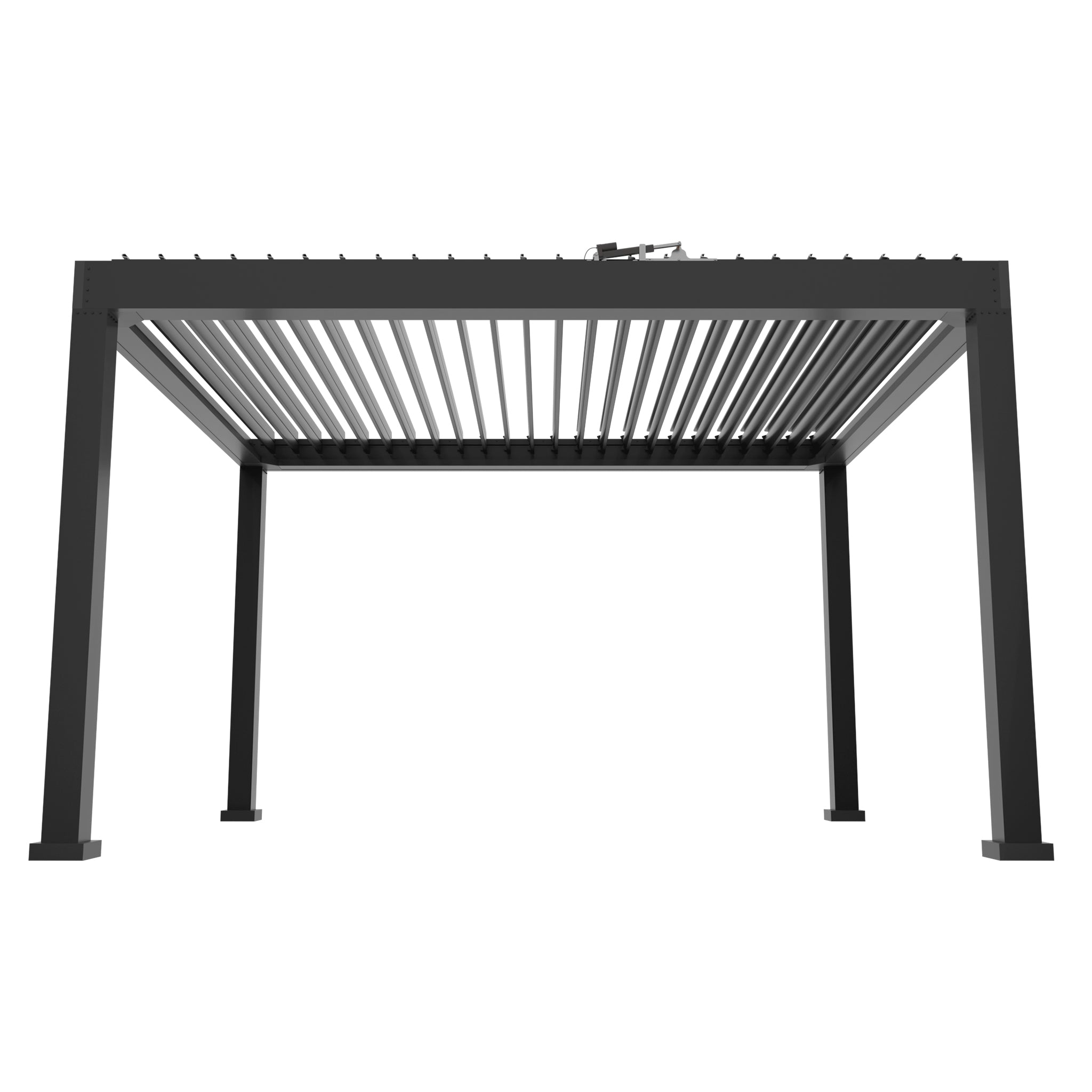 Black aluminum pergola with white louvers and metal posts