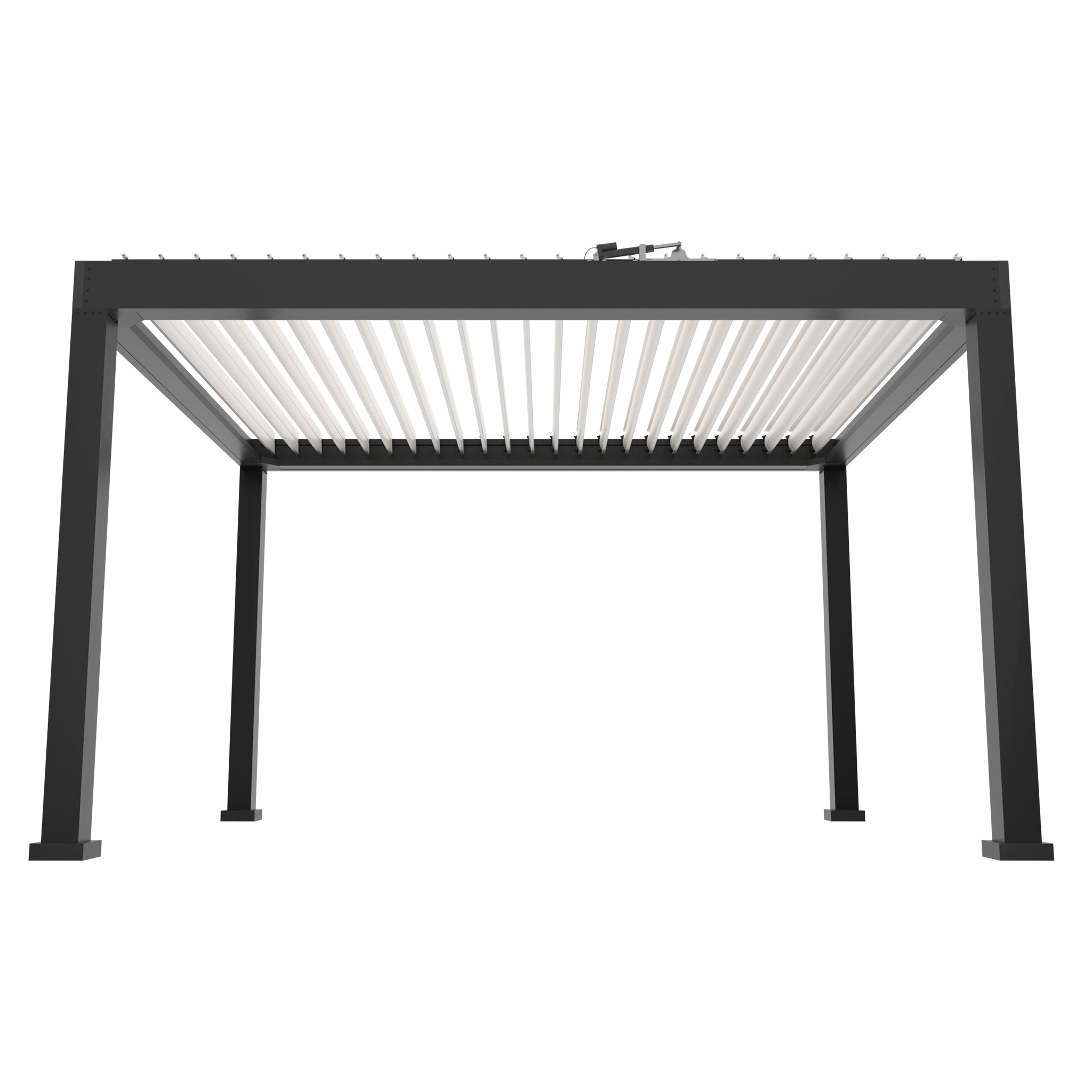 Black aluminum louvered pergola with adjustable white slats, front view