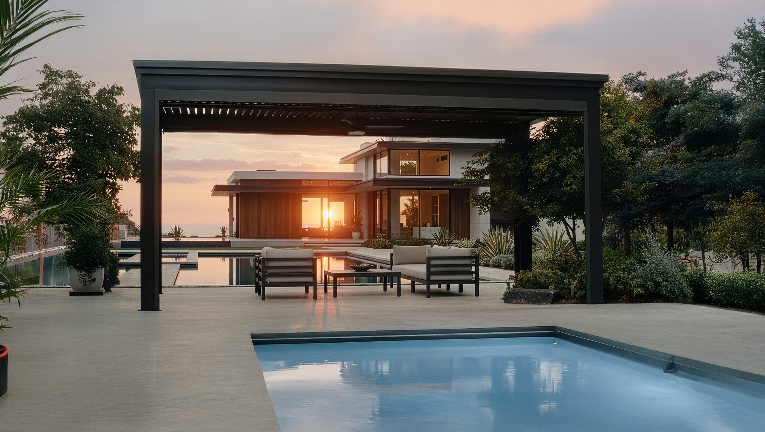Outdoor patio area with pool, pergola, and sunset view