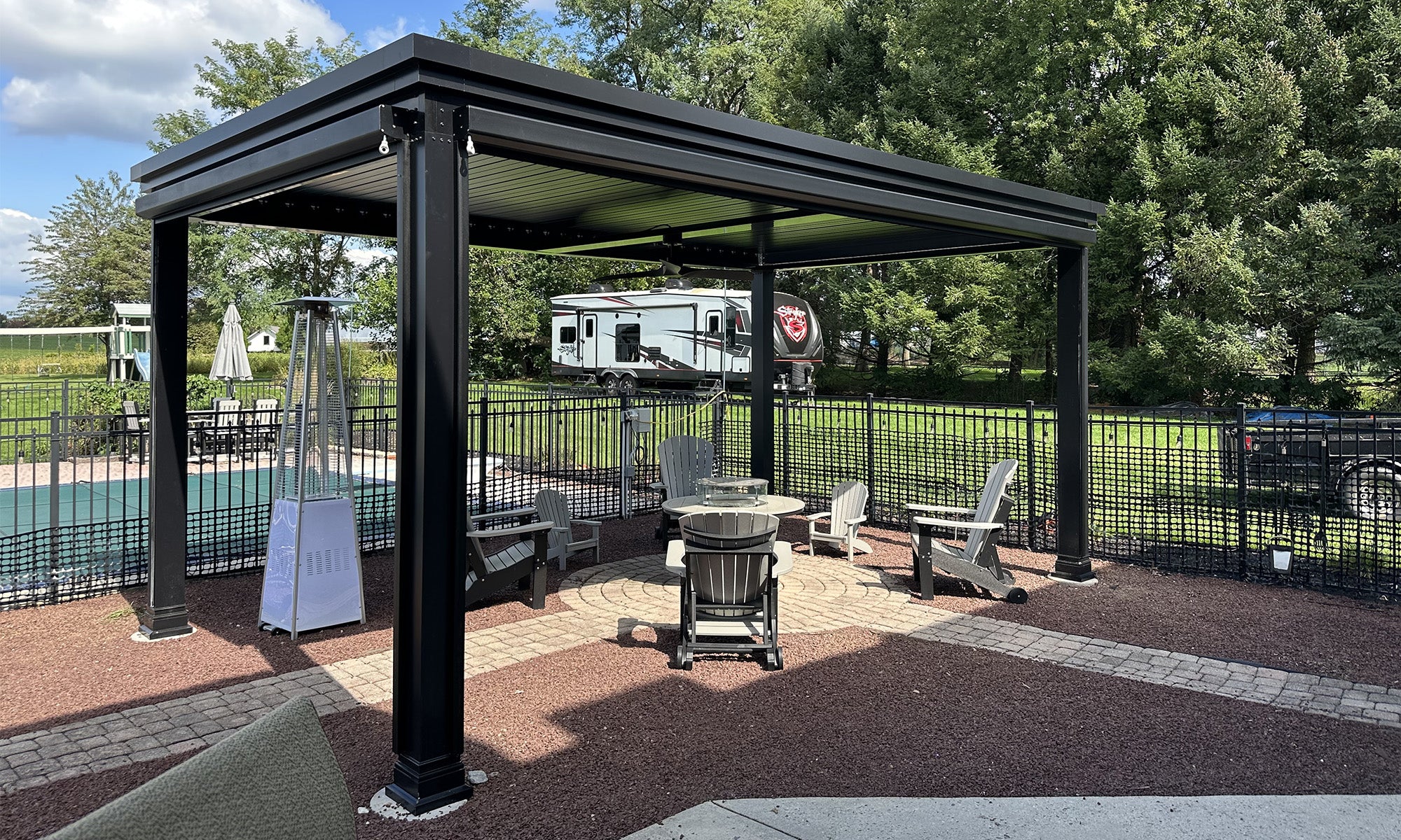 The Luxury Pergola with Pergola Shades Rolled Up