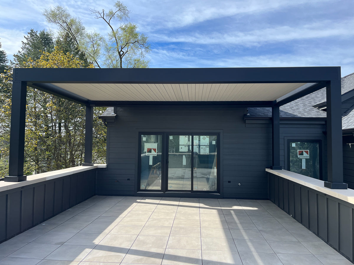 free standing luxury pergola with louvered roof on rooftop