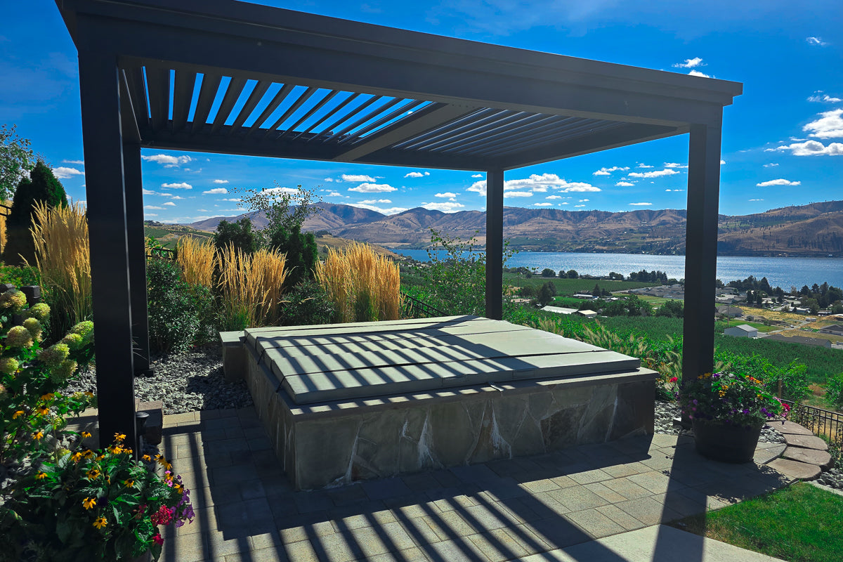 free standing luxury hot tub  pergola with louvered roof 