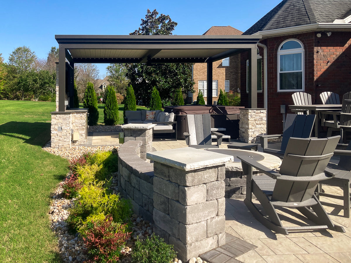 free standing luxury pergola with louvered roof