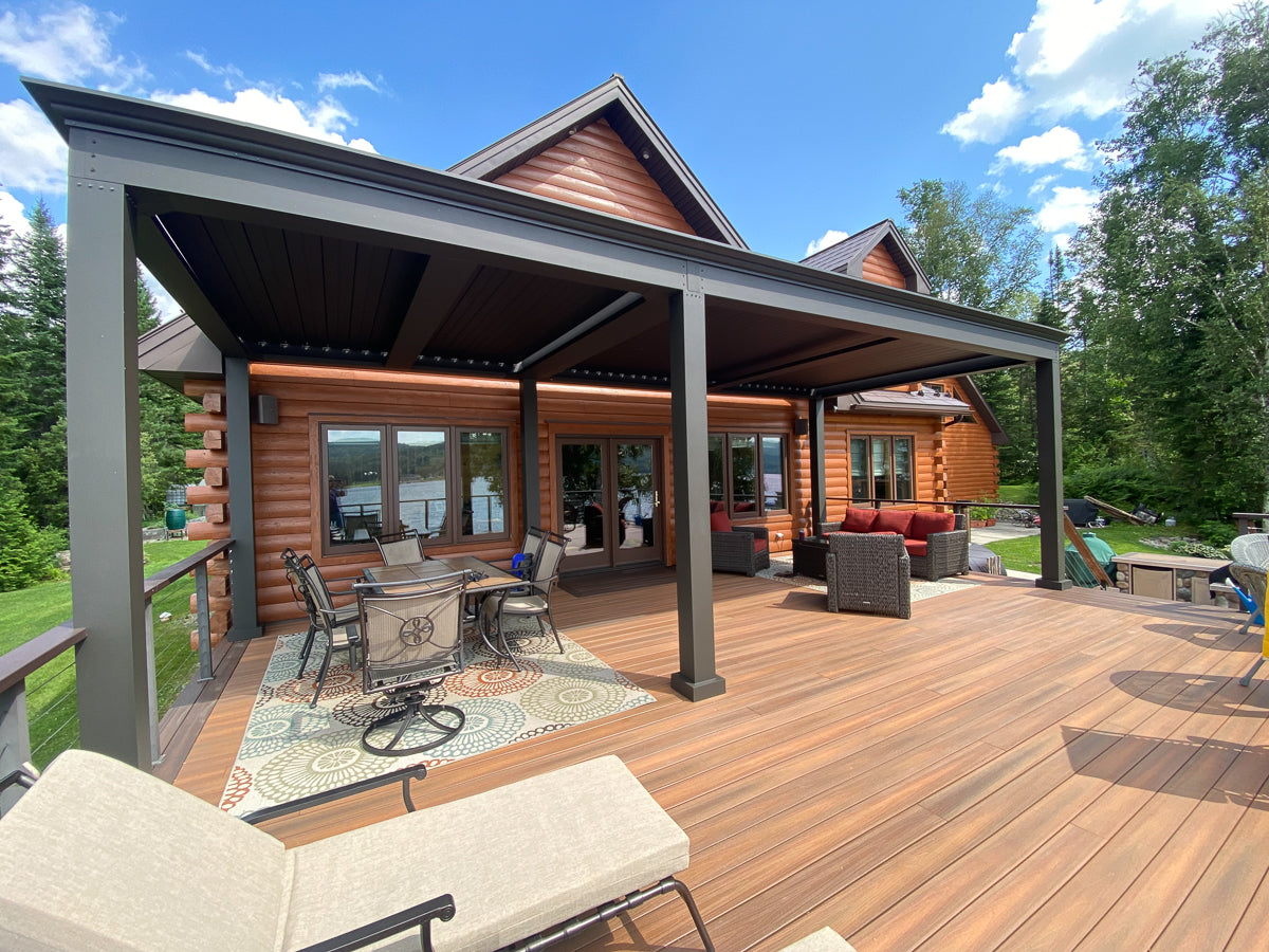 black louvered roof double pergola freestanding attached to deck